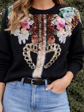 Vintage Marnie West Silk Angora Floral Sequins Black Soft Pullover Sweater